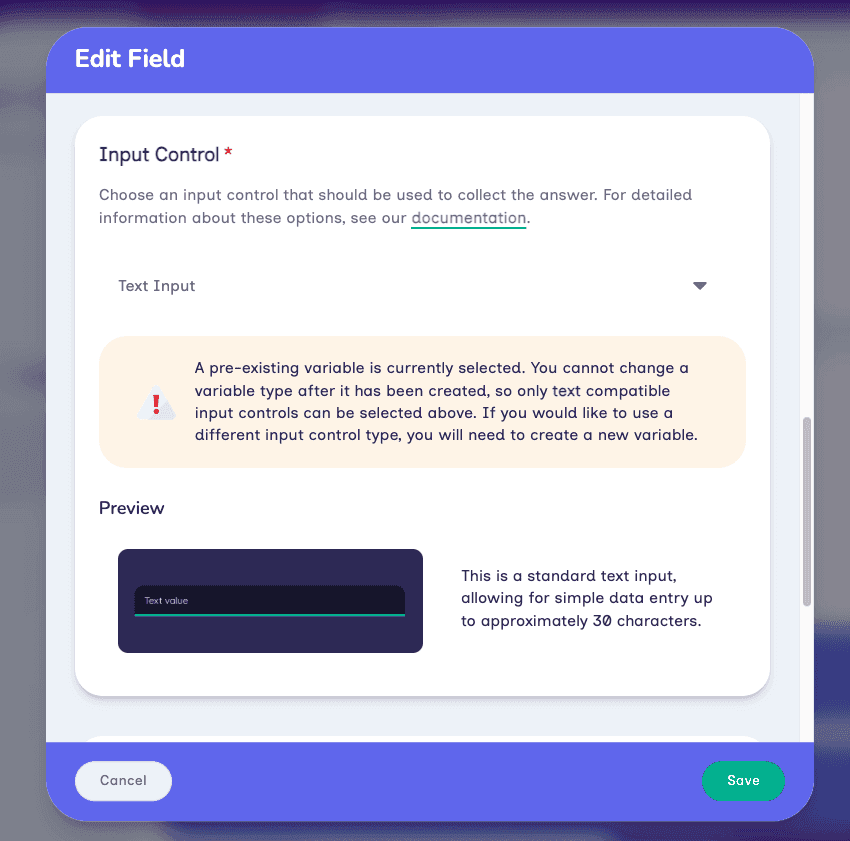 The Input Control selector and live preview in Architect.
