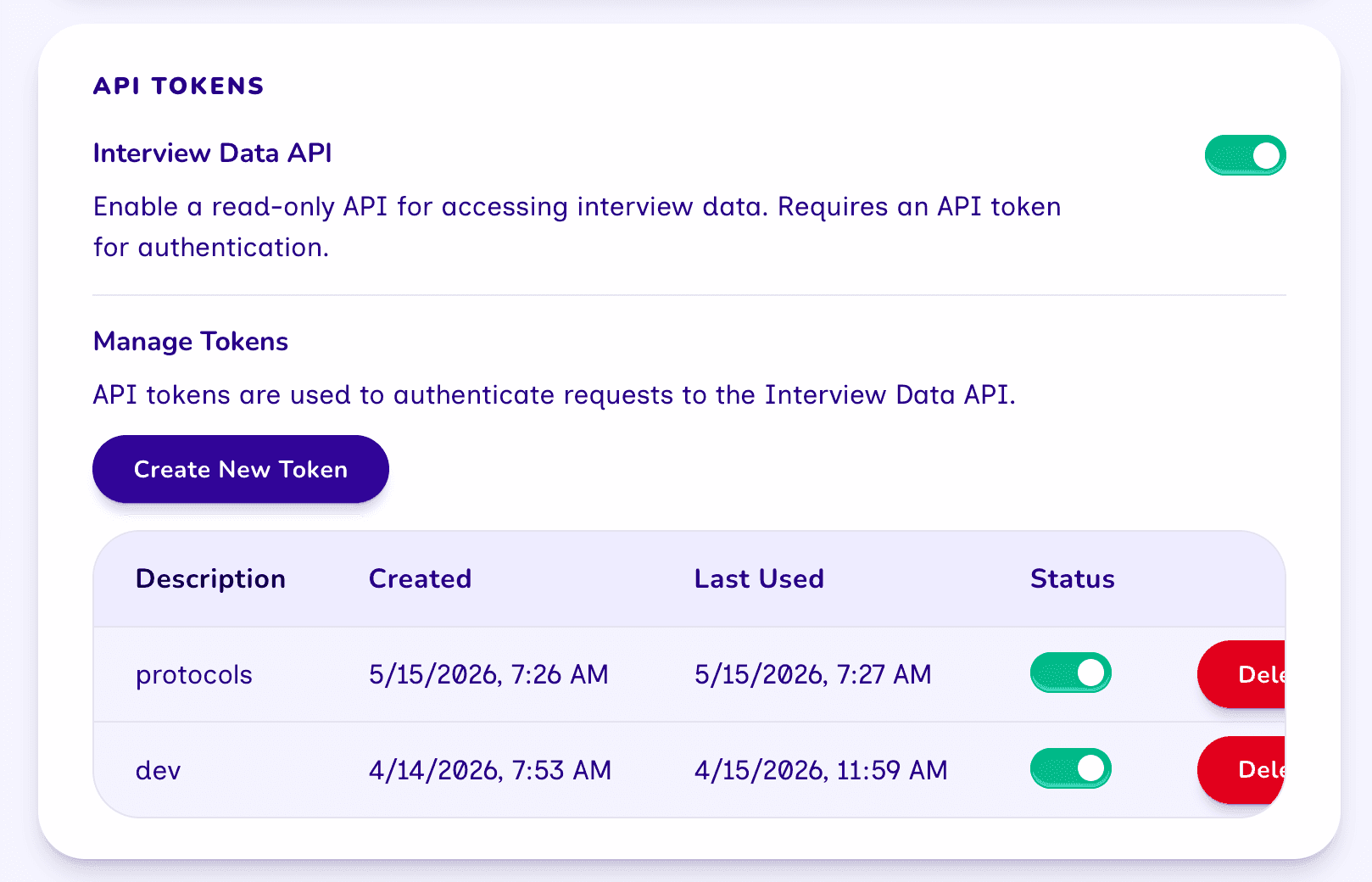 The API Tokens card in Fresco dashboard settings, showing the Interview Data API toggle and a table of tokens with their creation date, last-used date, and status.