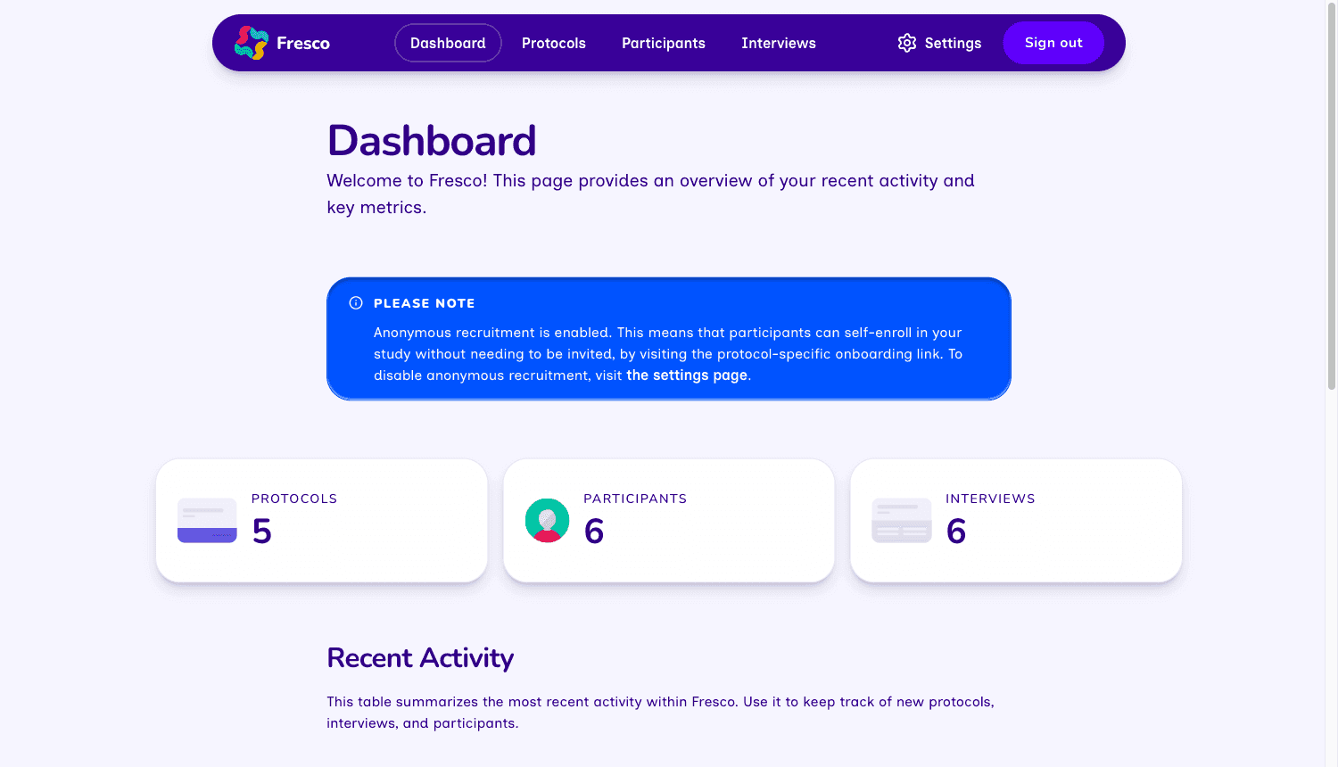 The Fresco dashboard.