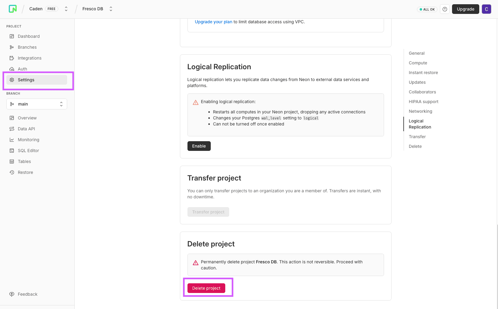Remove project connection